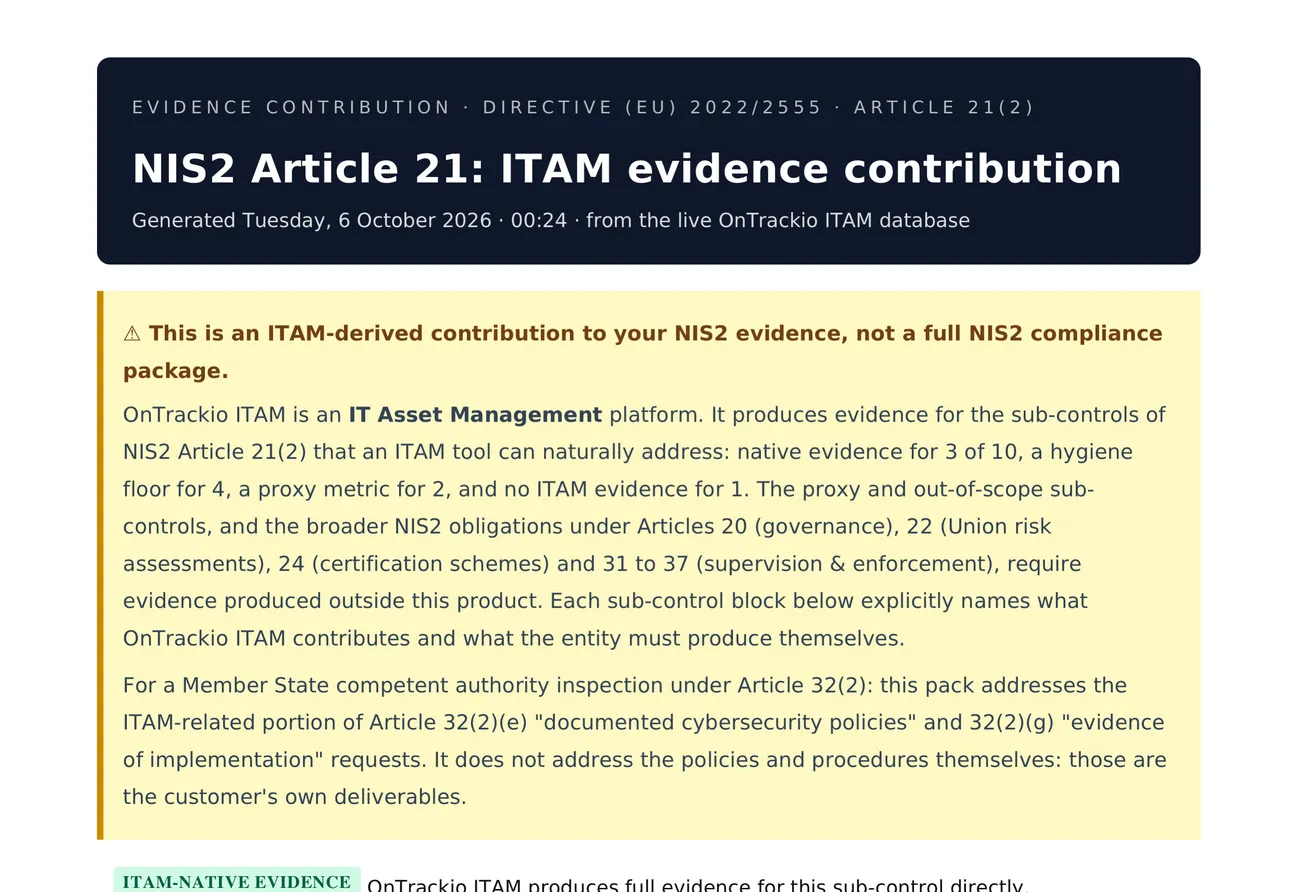 Page 1 of the NIS2 Article 21 evidence pack from the demo workspace, generated Tuesday, 6 October 2026 at 00:24. It opens with its scope: an ITAM-derived contribution to NIS2 evidence, not a full NIS2 compliance package, naming per sub-control what the product covers and what you produce yourself.