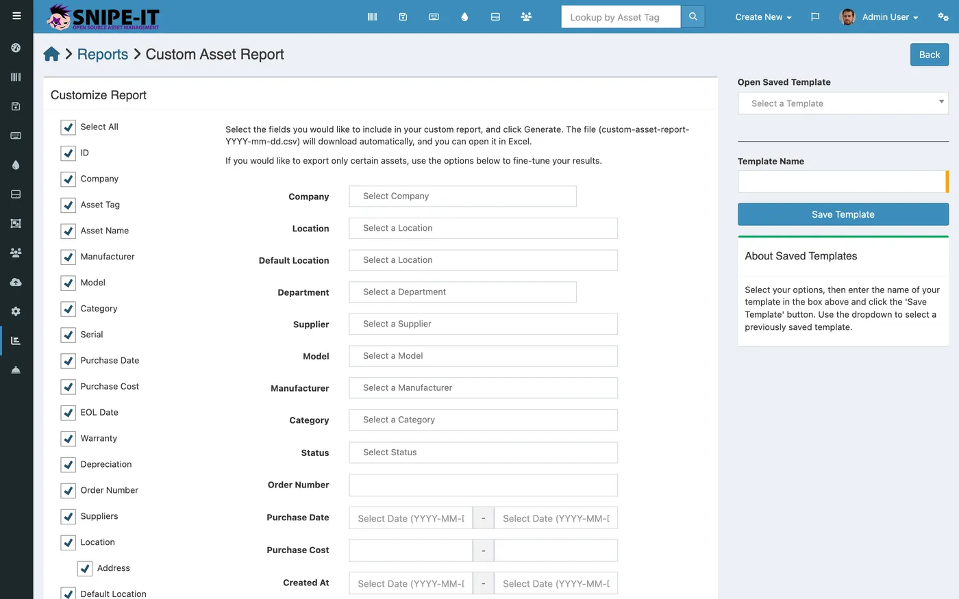 Snipe-IT custom report builder: field checkboxes and filters that export a CSV. The raw material for audit evidence, assembled manually.
